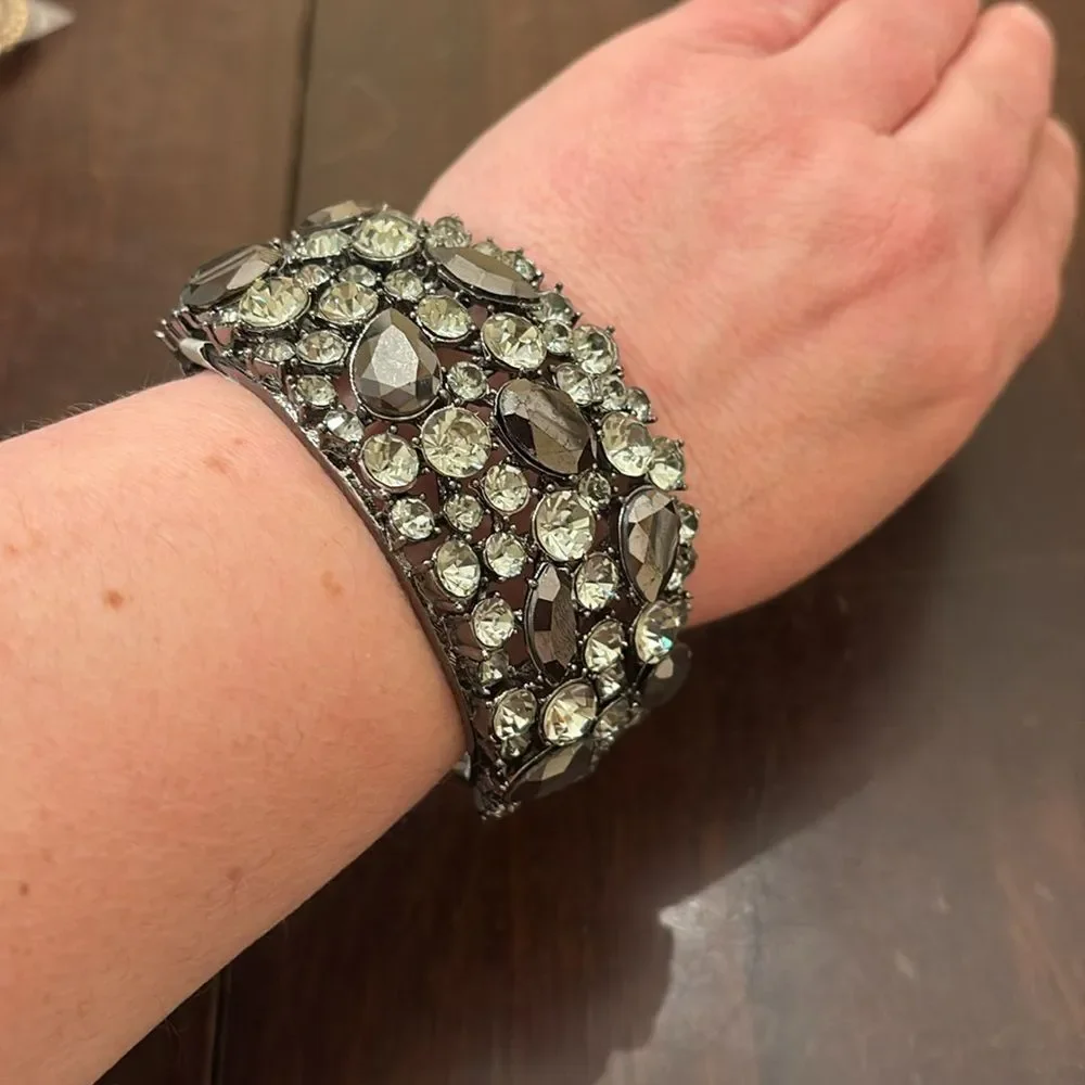 Glamorous Black and Silver Cuff Bracelet with Sparkling Stones